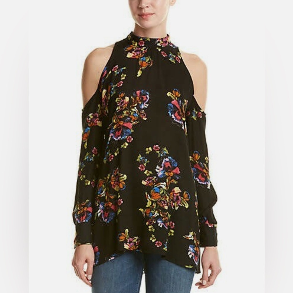Free People Kaleidoscope Dream Black Multicolor Floral Cold Shoulder Tunic Top S